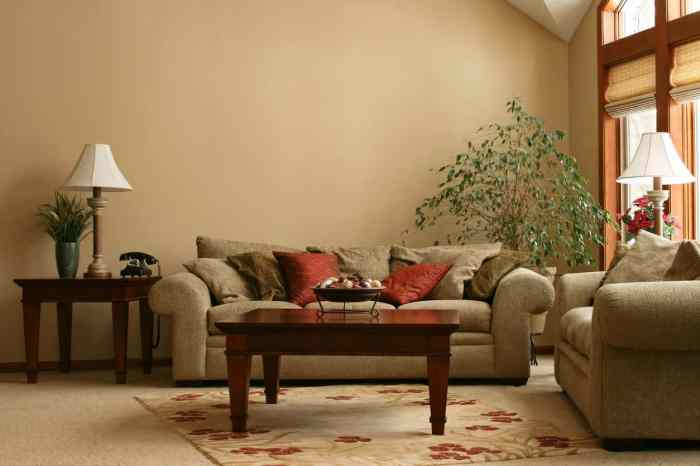 Beige and red living room decor